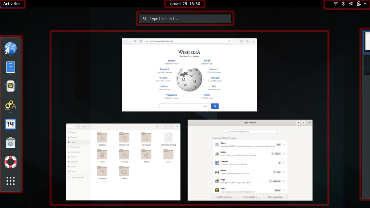 GNOME Shell 3.32 Activities Overview showing search, windows and application access