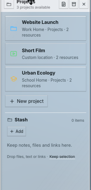 The earlier Projects Area puts three project entries and New Project above an empty Stash
