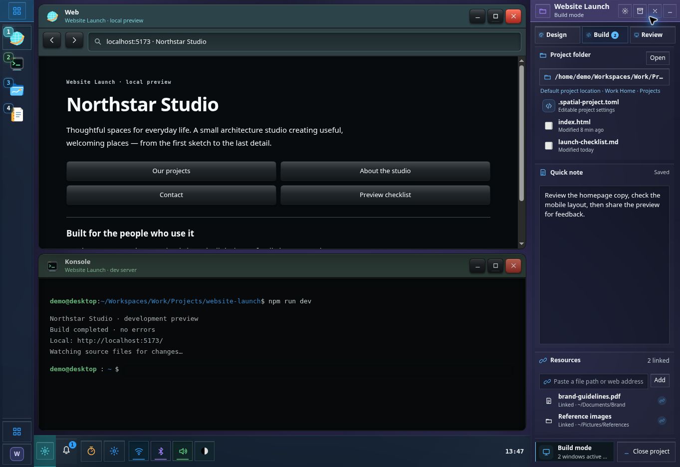 The earlier desktop with small project labels on windows and Mode controls in the right Project Area