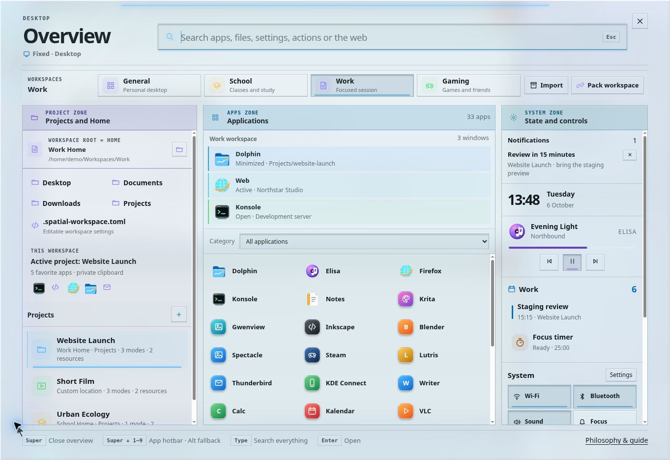 The old Overview places Projects and Home, Applications, and System side by side in one dense view